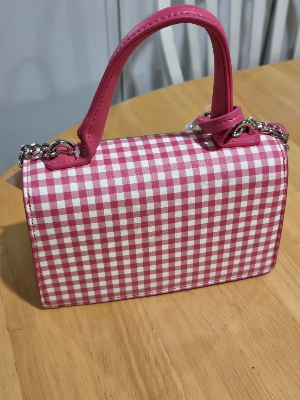 Pink Gingham Crossbody Bag with Heart Accent and Pearl Charm